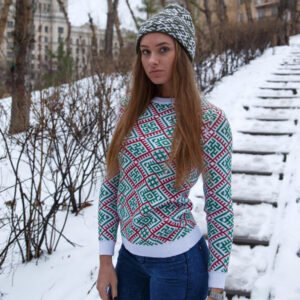 Джемпер белый с зелёным (женский) славянские свитера