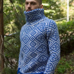 Свитер с воротом бело-синий (мужской) славянские свитера